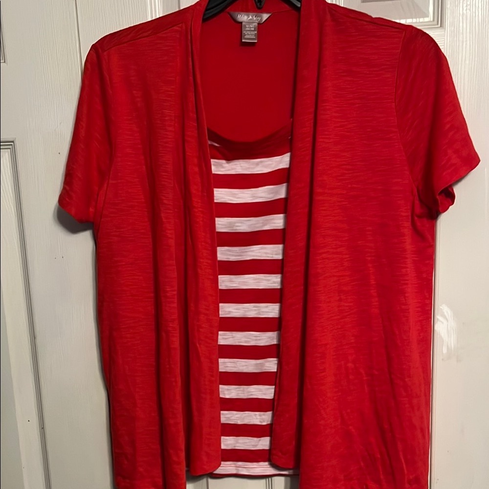 Red and White Striped Top with Cardigan